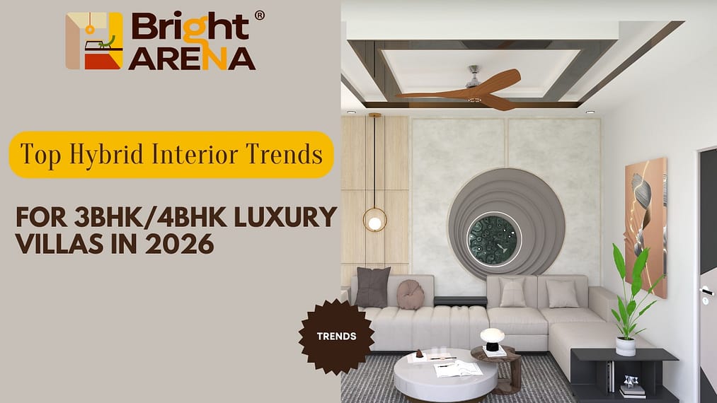 Luxury hybrid interior design for 3BHK/4BHK villas with neutral décor, custom ceiling work, elegant furniture, and warm ambient lighting.